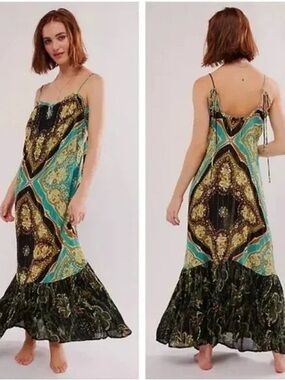Free People Mermaid Bohemian Paisley Maxi Slip Dress in Teal and Black